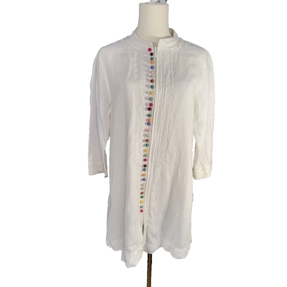 Soft Surroundings Linen Zip Tunic sz S 3/4 *read* Sleeve Slit Sides Beachy